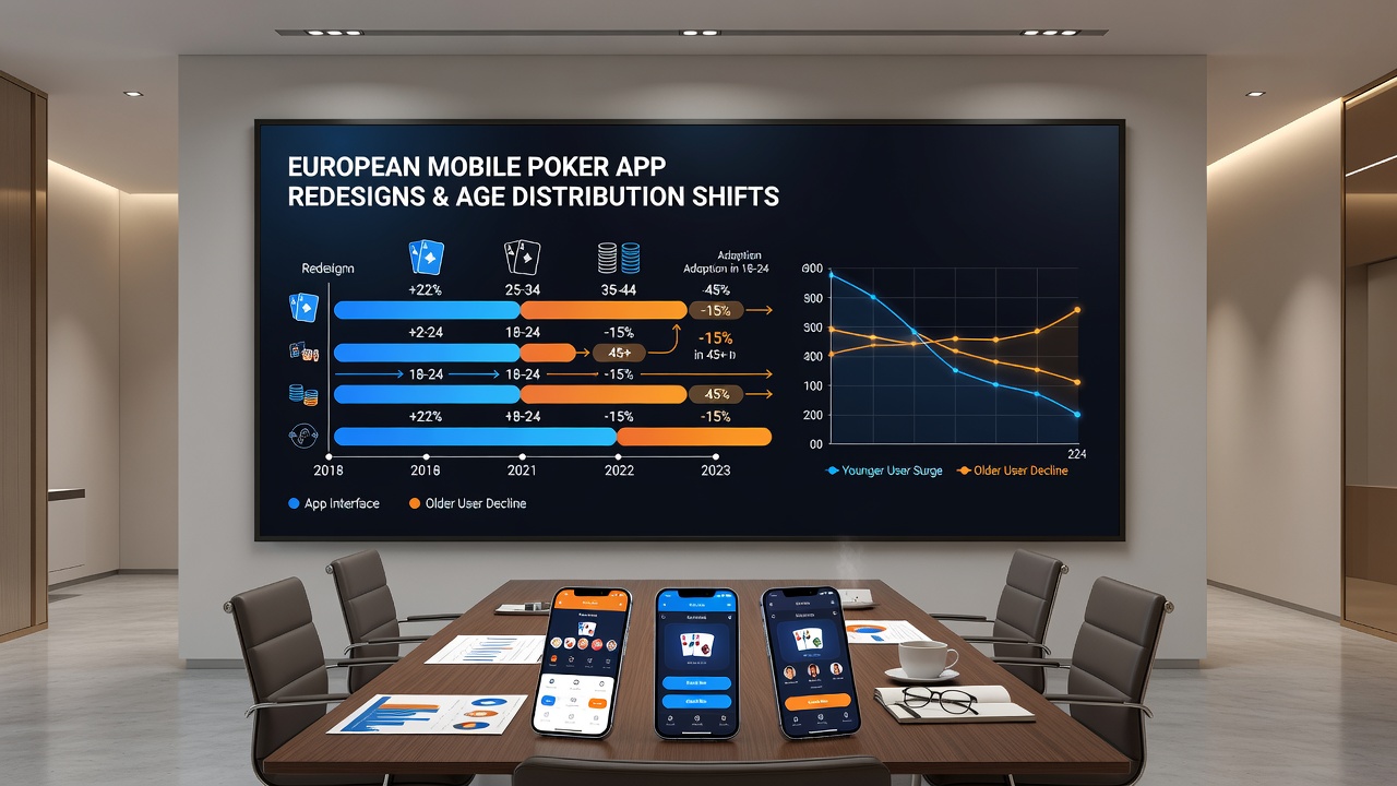 Analytics dashboard displaying age distribution charts and session length trends for European poker apps