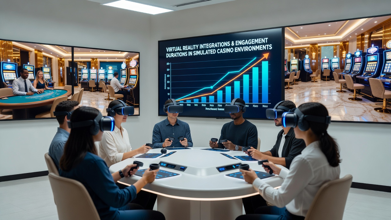 Virtual reality headset users interacting with a simulated casino floor featuring digital slot machines and table games