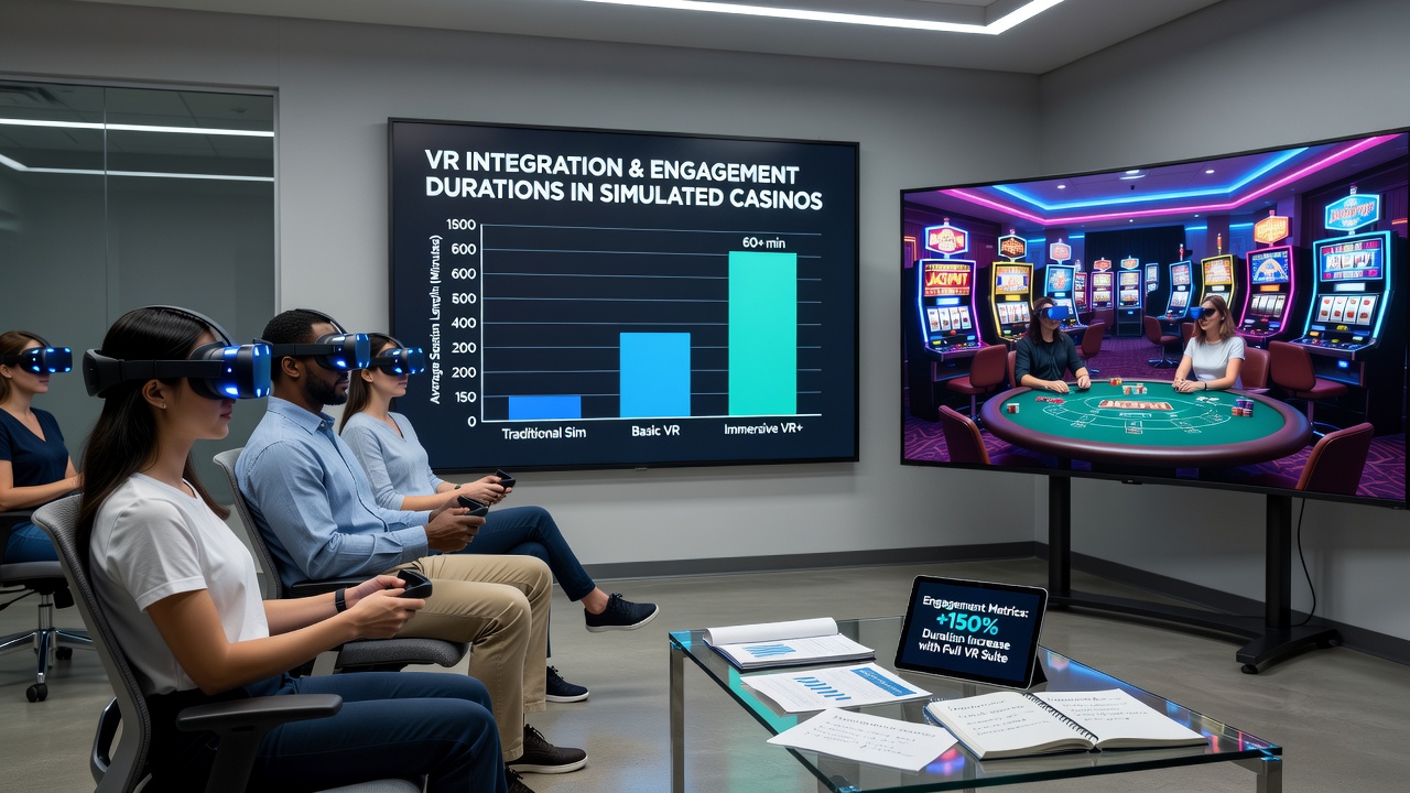 Side-by-side comparison of VR casino interface versus traditional online casino screen showing extended play indicators