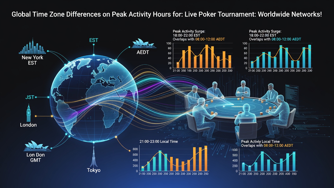 Map showing global time zones and poker tournament peak hours across continents