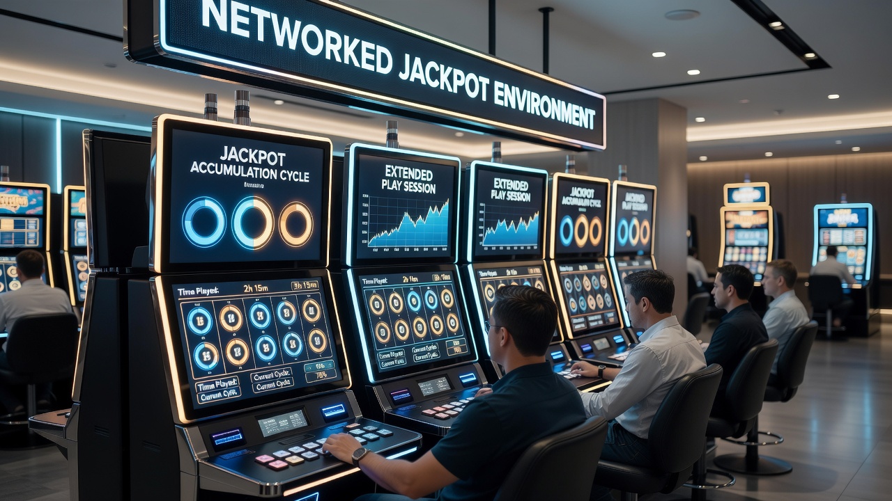 Close-up view of slot machine screens showing linked progressive jackpot values and player activity indicators
