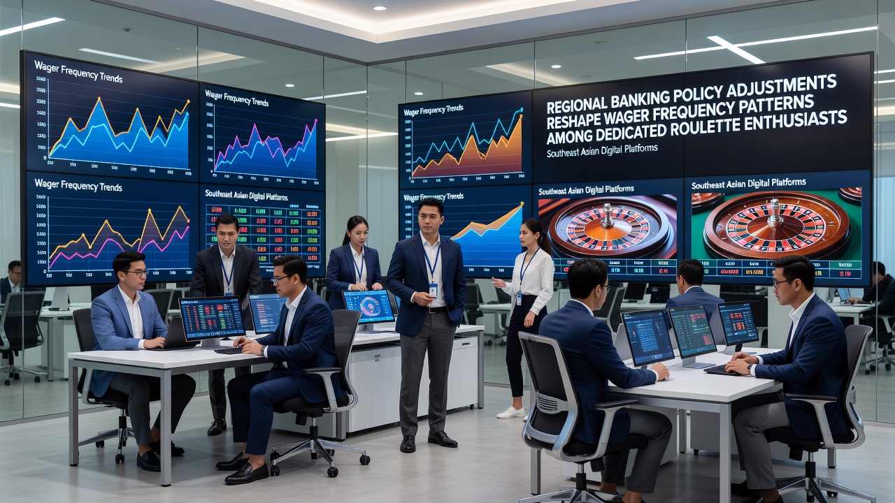Southeast Asian digital roulette players reviewing updated banking policies on mobile devices in a modern gaming lounge