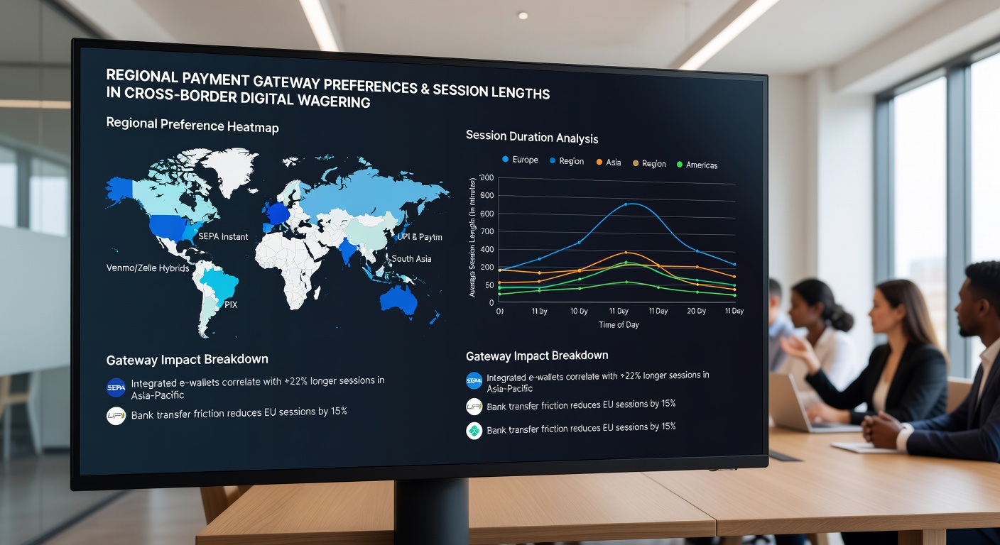 Cross-border wagering session data visualized with regional payment method overlays and duration metrics
