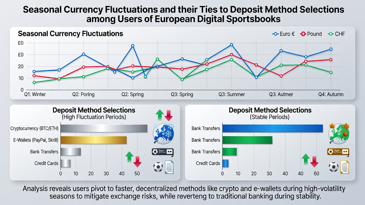 Chart showing euro exchange rate trends against major currencies during different seasons and corresponding deposit method usage spikes