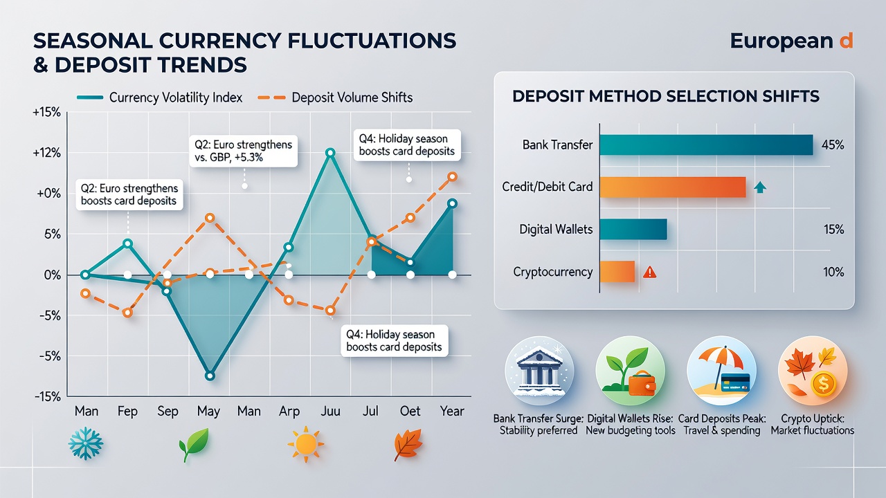 Infographic displaying seasonal deposit method breakdowns across key European countries with currency fluctuation overlays