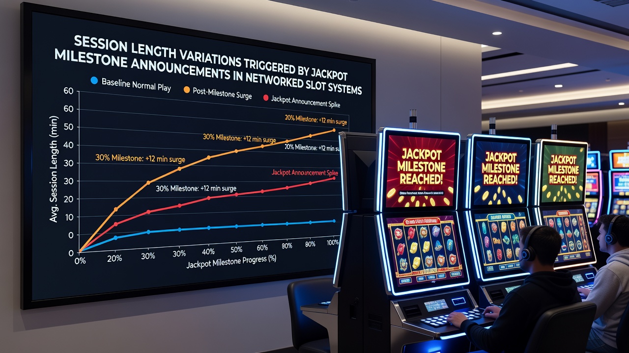 Players interacting with networked slot terminals shortly after a jackpot milestone alert appears on multiple screens